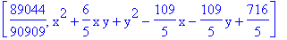 [89044/90909, x^2+6/5*x*y+y^2-109/5*x-109/5*y+716/5]